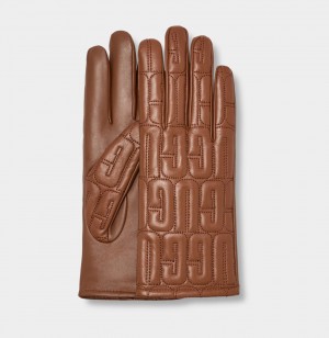 Ugg Koža Prošiven Logo Ženske Gloves Smeđe | QCM689734