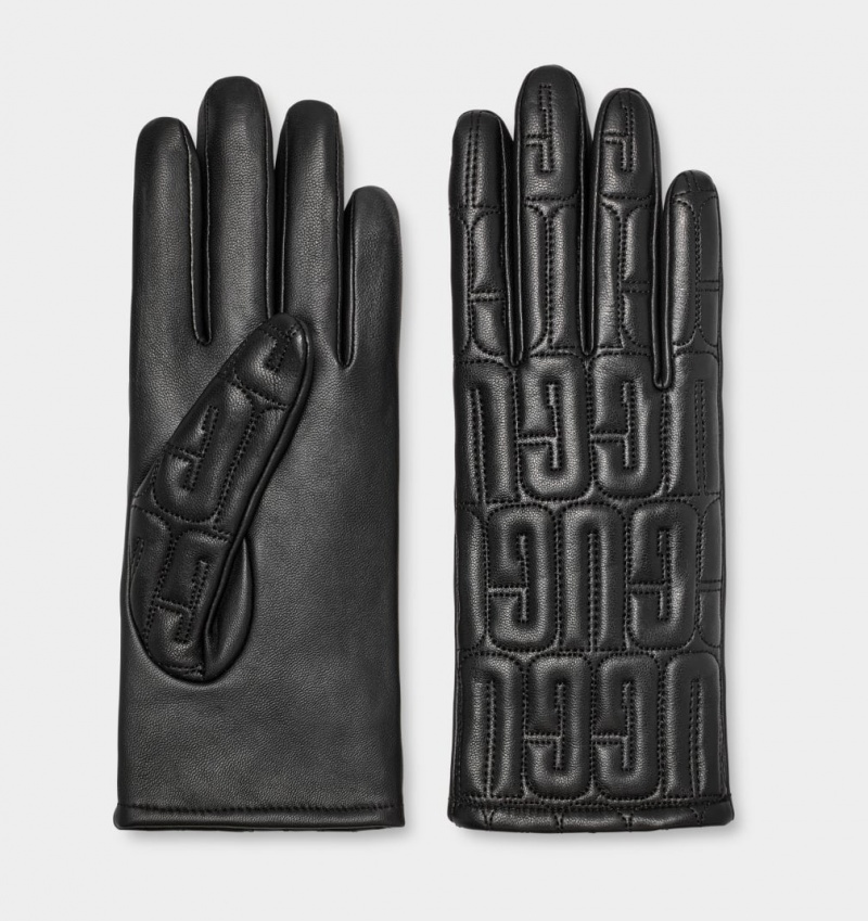 Ugg Koža Prošiven Logo Ženske Gloves Crne | GHA647908