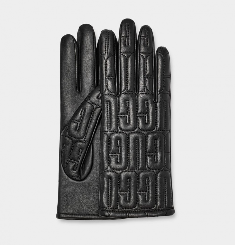 Ugg Koža Prošiven Logo Ženske Gloves Crne | GHA647908