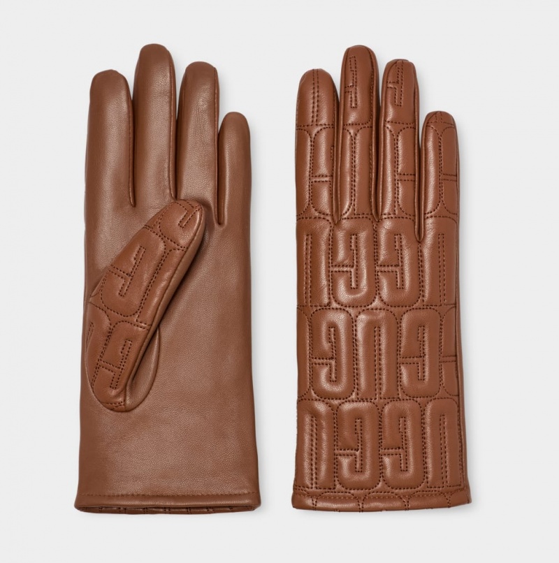 Ugg Koža Prošiven Logo Ženske Gloves Smeđe | QCM689734