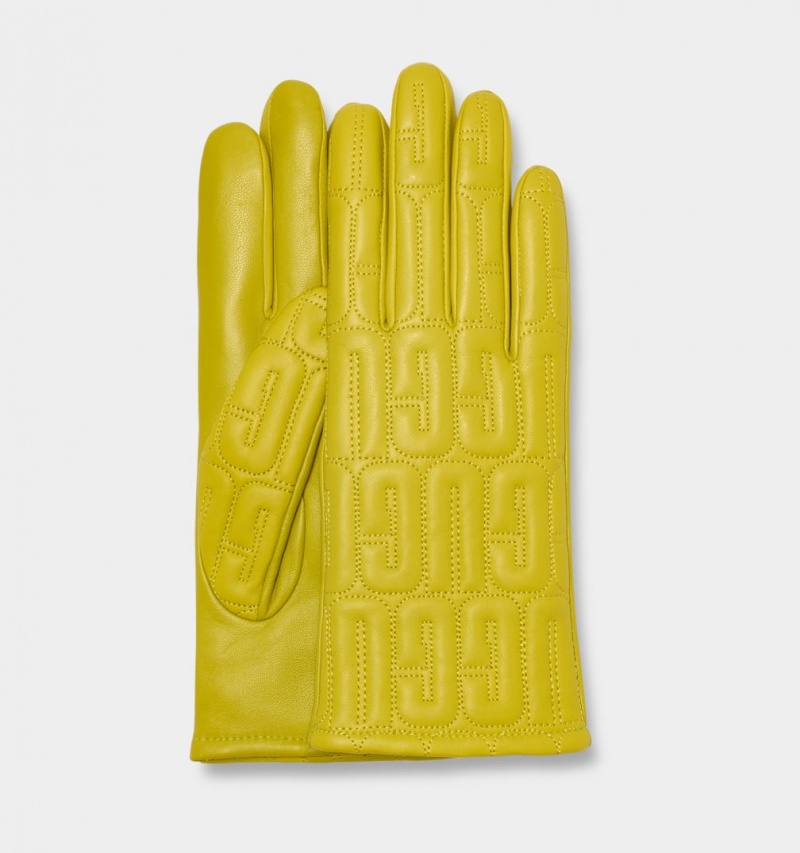 Ugg Koža Prošiven Logo Ženske Gloves Žute | FGB398476