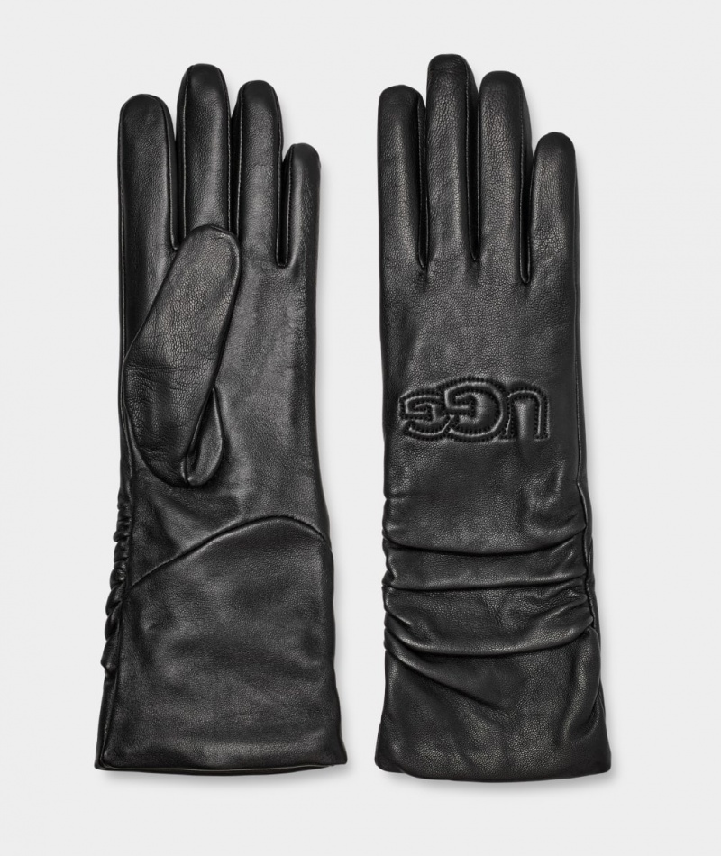 Ugg Koža Scrunched Logo Ženske Gloves Crne | YDZ182675