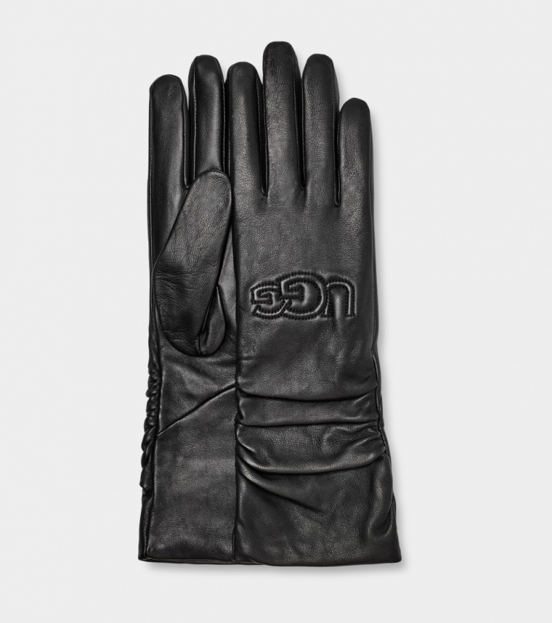 Ugg Koža Scrunched Logo Ženske Gloves Crne | YDZ182675