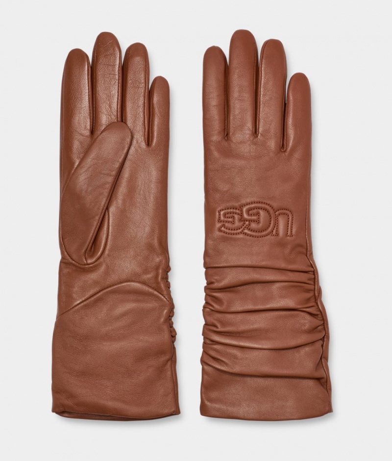 Ugg Koža Scrunched Logo Ženske Gloves Smeđe | EPW350862