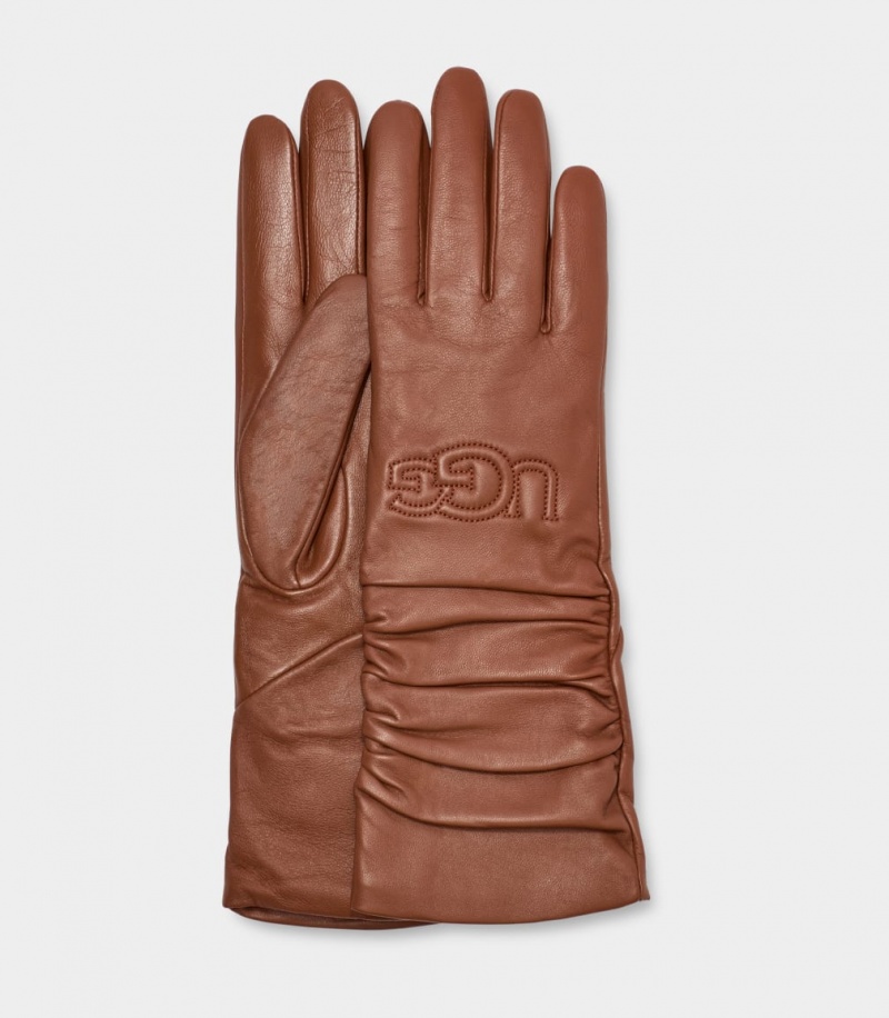 Ugg Koža Scrunched Logo Ženske Gloves Smeđe | EPW350862