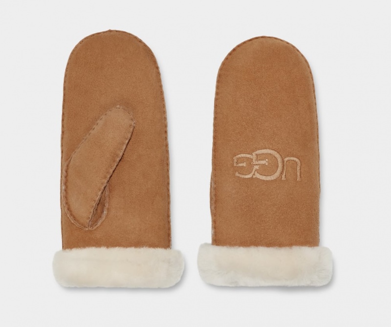 Ugg Shearling Embroider Mitten Ženske Gloves Smeđe | RQV792834