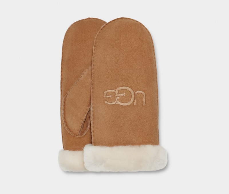 Ugg Shearling Embroider Mitten Ženske Gloves Smeđe | RQV792834